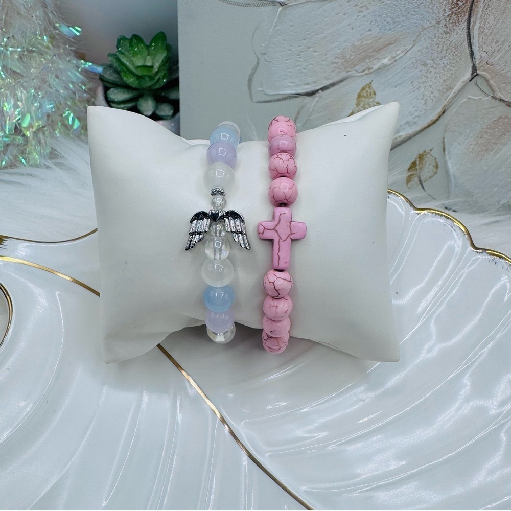 Angel Wing and Cross Beaded Bracelet Set